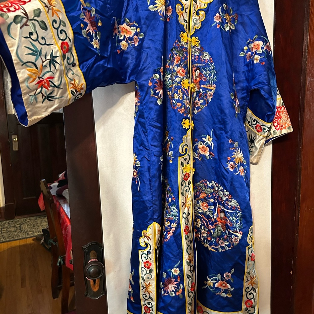 Vintage ESME Chinese Royal Blue Silk Embroidered Floral Robe Long Coat Kimono